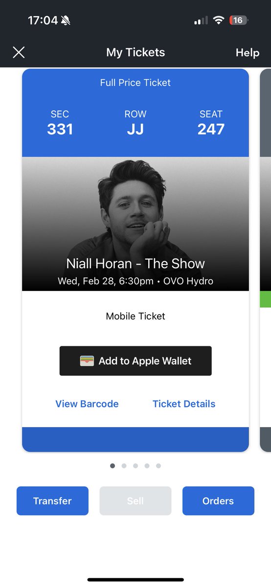 1 single Niall Horan ticket for tonight in Glasgow at OVO Hydro

Section 331 Row JJ seat 247

£20.00