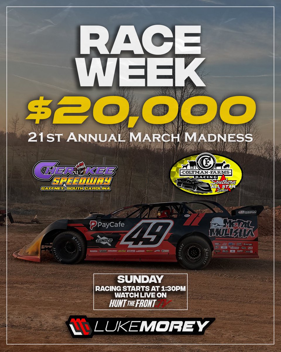 It’s race week with the <a href="/SASDIRT/">Southern All Star Dirt Racing Series</a>! $20,000 to win Sunday evening at Cherokee speedway, if your in the area come on out, if not catch it all on <a href="/HunttheFrontTV/">Hunt the Front TV</a>