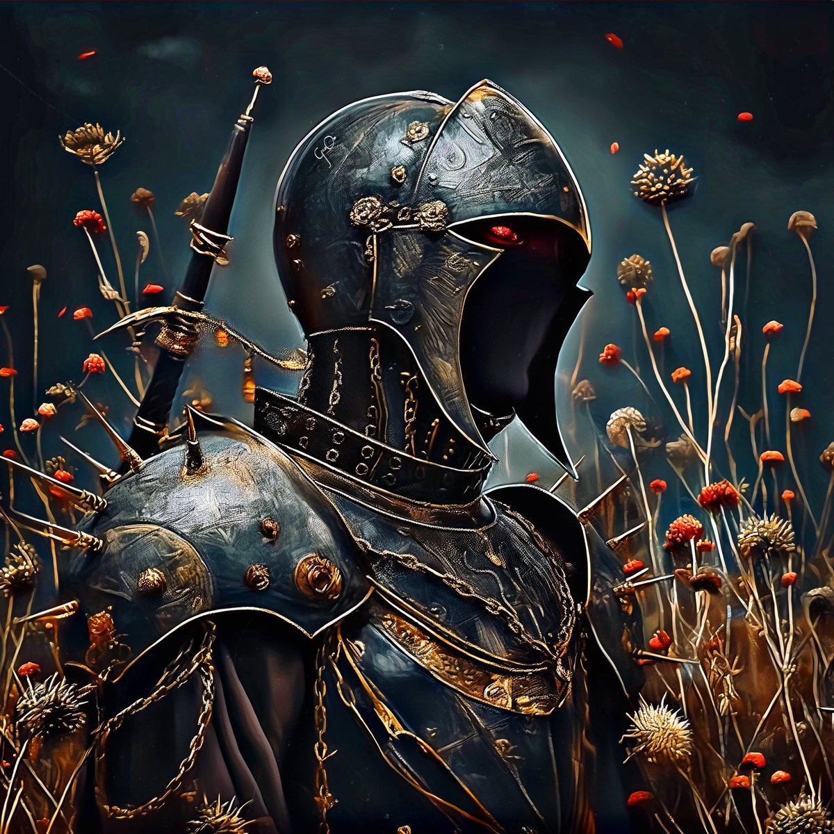 NumerikartGL's tweet photo. Armored in black, a knight unknown,
Stands amidst the fields alone.
Sword in hand, a silent guard,
A tale of valor, eternally starred.
Image by G-rOm
#KnightInArmor #WarriorSilhouette #MedievalMystery #GuardianOfTheFields #SwordAndShield #EternalGuardian #Numerikart https://t.co/sknbnfYZ66