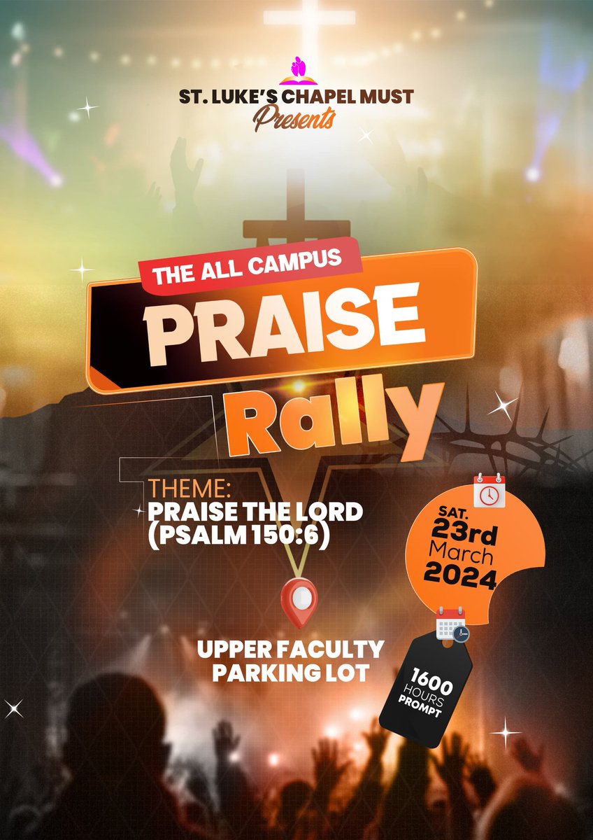 StlukeschapelM's tweet photo. From Lecture Rooms to open *sky, one voice, one song, one world United to One God our King of Kings!*💃

Join the All campus Praise Rally,🗓️ *March 23rd,* 📍 *PARKING LOT ( _upper faculty_ )*

⚠️ *Warning:* May cause contagious joy😆🤩💃

Catch you there!🏃 https://t.co/rZtS2tWDCV