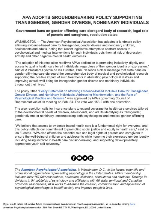 Sebastian M. Barr, Ph.D. (@drsebastianbarr) on Twitter photo BIG NEWS: <a href="/APA/">American Psychological Association</a> adopts Policy Statement on Affirming Evidence-Based Inclusive Care for Transgender, Gender Diverse, and Nonbinary Individuals, Addressing Misinformation, and the Role of Psychological Practice and Science.
Read the full policy: apa.org/about/policy/t… BIG NEWS: <a href="/APA/">American Psychological Association</a> adopts Policy Statement on Affirming Evidence-Based Inclusive Care for Transgender, Gender Diverse, and Nonbinary Individuals, Addressing Misinformation, and the Role of Psychological Practice and Science.
Read the full policy: apa.org/about/policy/t…