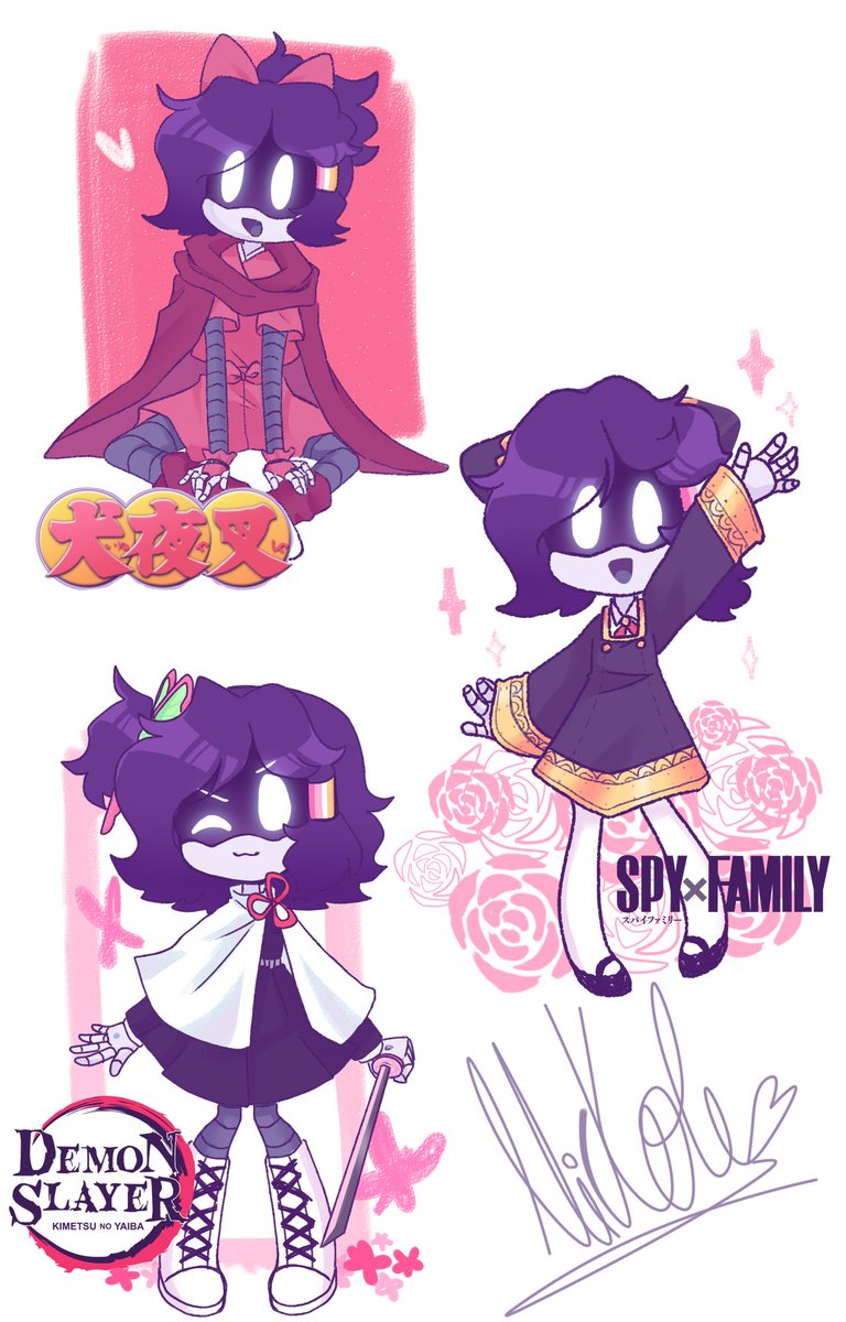 AnimationNicko's tweet image. En un preguntas y respuestas de Lexi 
ella menciono que ve Inuyasha , Spy x Family y kimetsu no yaiba. 
No pude evitar dibujarla con cosplays de esos animes
Lexi: @Jazperstarr

#murderdronesfanart #murderdronesocs #fanartdigital