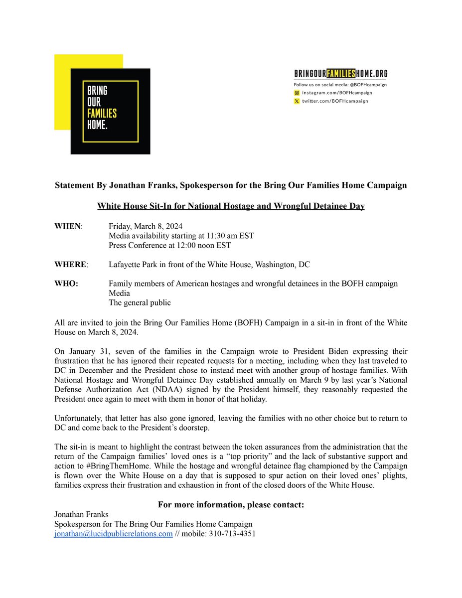 A month ago, we wrote to <a href="/POTUS/">President Donald J. Trump</a> with our strongest letter yet asking for a meeting.

Yet again, no response.

So we return to the <a href="/WhiteHouse/">The White House</a> on March 8 for National Hostage and Wrongful Detainee Day.

Join us immediately after the panel by <a href="/JamesFoleyFund/">James W. Foley Legacy Foundation</a> <a href="/McCainInstitute/">McCain Institute</a>