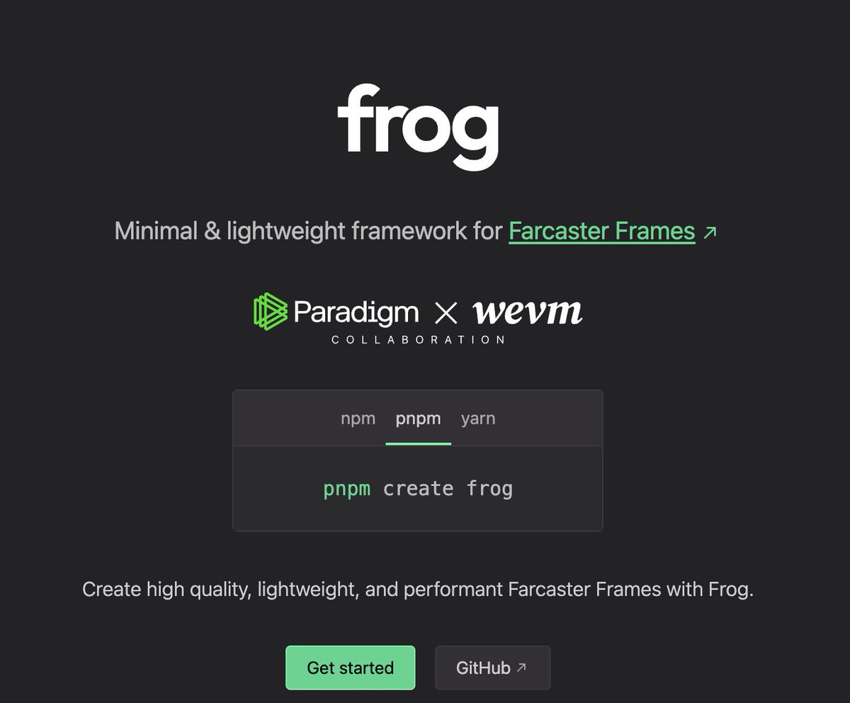 Introducing Frog 🐸 – A *Frame*work for Farcaster. Frog is an open-source framework for @Farcaster_xyz developers to build high quality, performant, & lightweight Frames in just a few blocks of code. Built as part of the @wevm_dev x @paradigm collab. Read on!