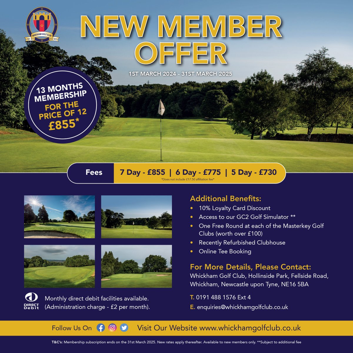 ⛳️ 13 Month Membership For The Price of 12 ⛳️
1st March 2024 - 31st March 2025

Interest free payments available by direct debit.
To apply, contact the secretary on

T. 0191 488 1576 Ext 4
E. enquiries@whickhamgolfclub.co.uk

#northeastgolf #durhamgolf #whickham #whickhamgolfclub