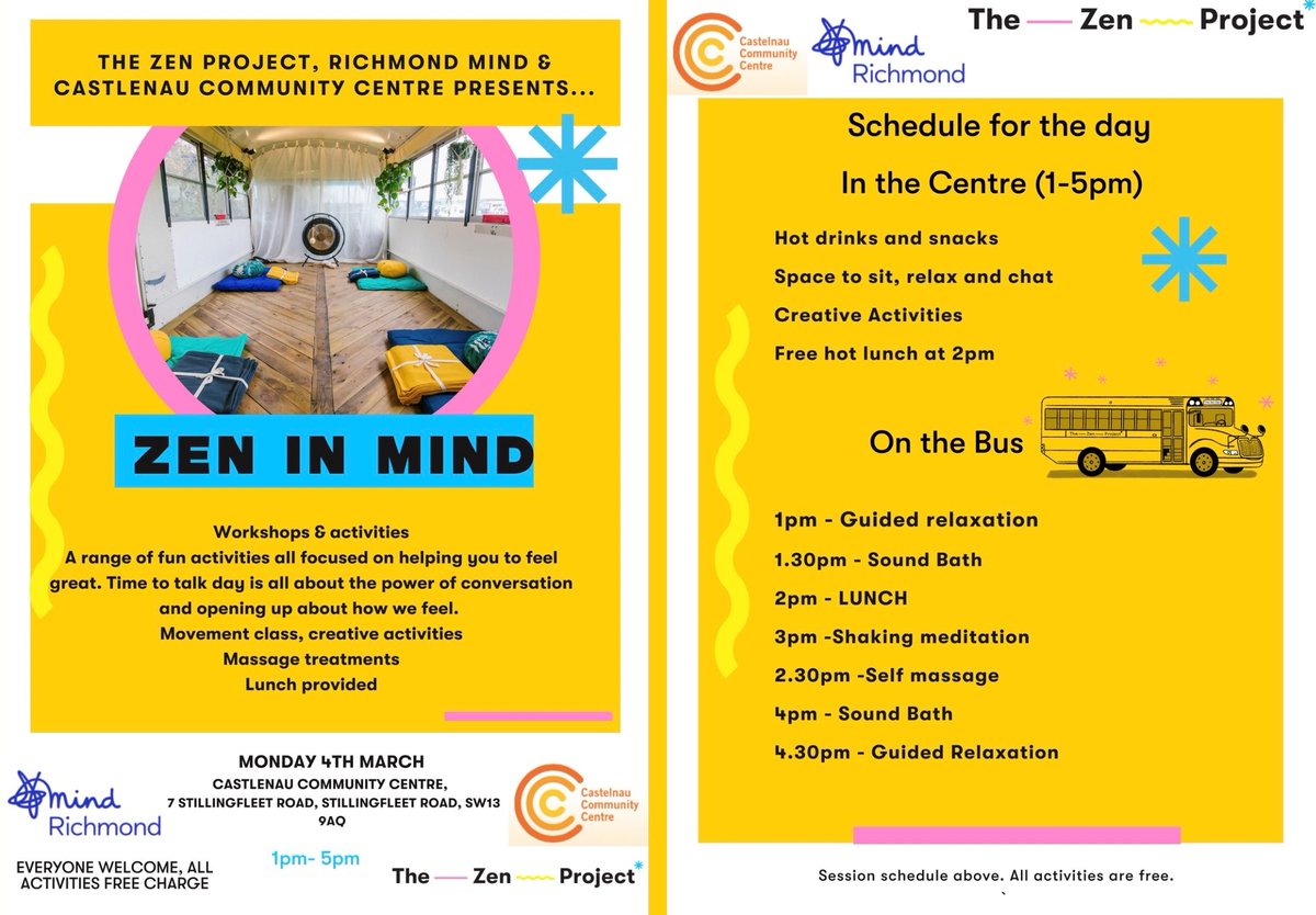 On Monday 4th March, we are collaborating with The Zen Project and @rb_mind to bring you an afternoon of wellbeing based activities. All activities are free of charge and there is also lunch! It all starts at 1pm.