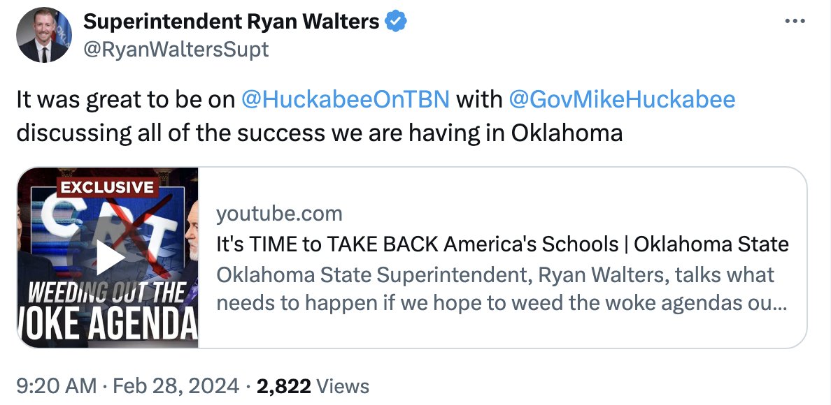 The 'success' that Ryan Walters believes he is having in Oklahoma is 'weeding out the woke agenda.' Not getting test scores up, not keeping kids safe. This is what he's talking about after a trans student died in his schools following a fight in a bathroom.