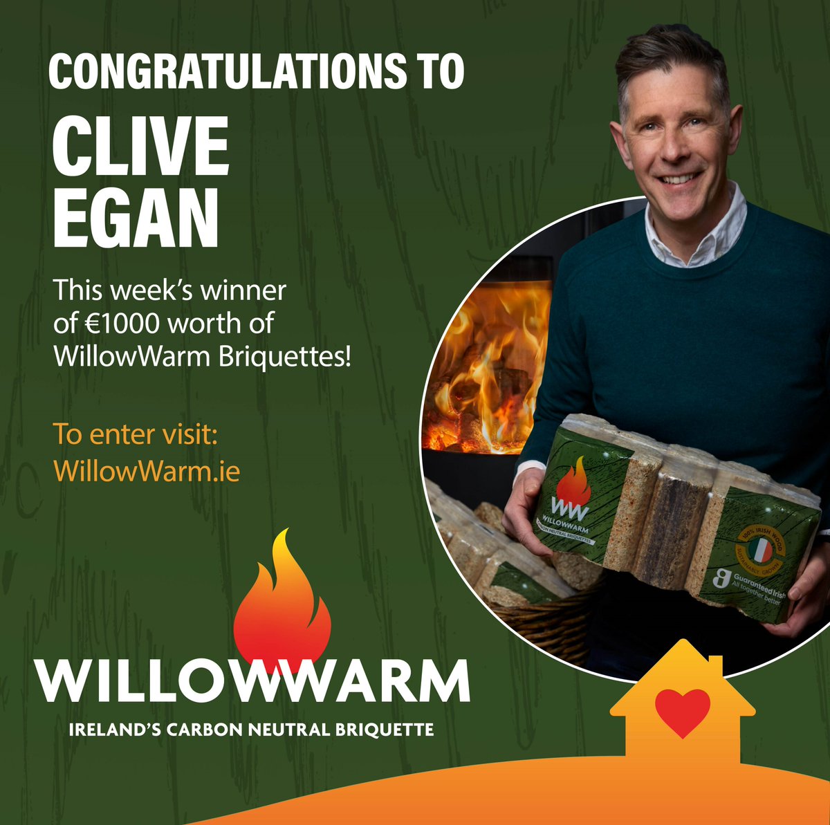 The second winner of €1,000 worth of #WillowWarm #Briquettes is Clive Egan!

More weekly prizes to be and also our main competition to win a home consultation with Dermot Bannon! 
 willowwarm.ie/.../win-a-home… 
#CarbonNeutral #EnvironmentallyFriendly #GuaranteedIrish