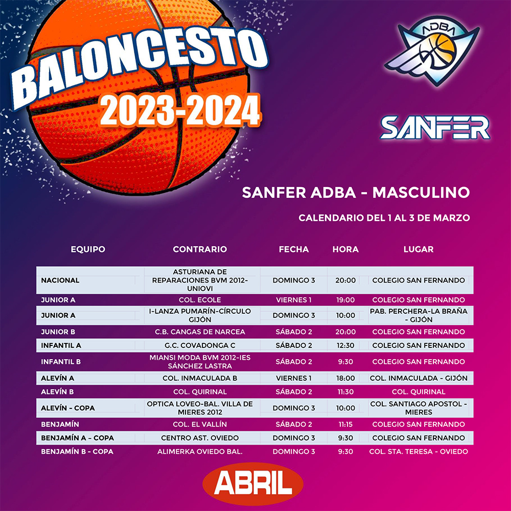 🏀 CALENDARIO DEPORTIVO - BALONCESTO
📆 DEL 29 DE FEBRERO AL 3 DE MARZO

¡Vamos #Sanfer! 💪

#baloncesto #deportes #laolarosa #AceitesAbril
@ADBA87