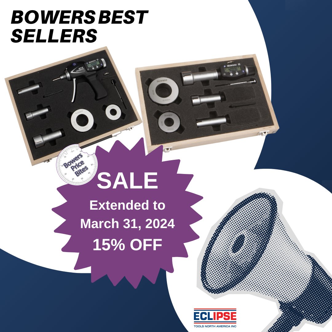 EclipsetoolsNA's tweet photo. 📣Did you hear?📣

We have extended our Bowers Price Bites Promo till March 31st, 2024

Hurry and get this amazing deal! 🙌
15% off Bowers XT3 Bore Gauge Sets!

📞Contact our team: sales@eclipsetoolsinc.com
👉For more information: https://t.co/Y4LviQNEr0 https://t.co/aN2F3Oo8xy