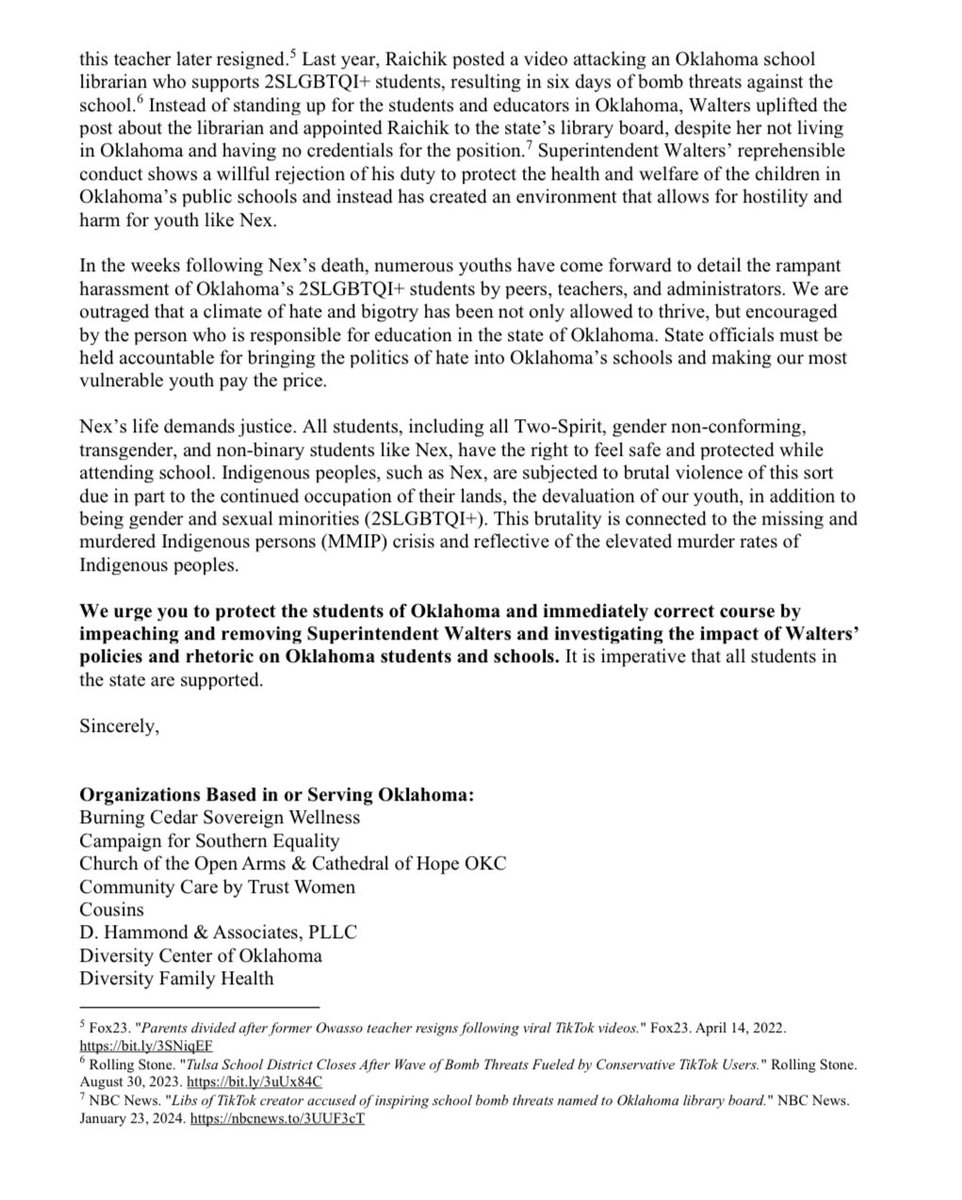 REQUEST TO REMOVE <a href="/RyanWaltersSupt/">Ryan Walters Superintendent Parody</a>: 350+ LGBTQ, civil rights groups, and notable public figures are calling for the removal of <a href="/RyanWaltersSupt/">Ryan Walters Superintendent Parody</a> and an investigation into <a href="/oksde/">OK State Dept of Ed</a>. <a href="/kfor/">KFOR</a> 🧵