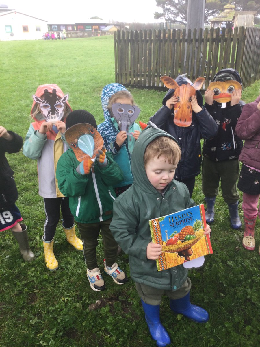 We go out in all weathers for Welly Wednesday! We had a great time in the rain acting out the story of Handa's Surprise, playing traditional games and measuring the natural resources that we could find to compare lengths. #FoundationStage #wellywednesday #outdoorlearning