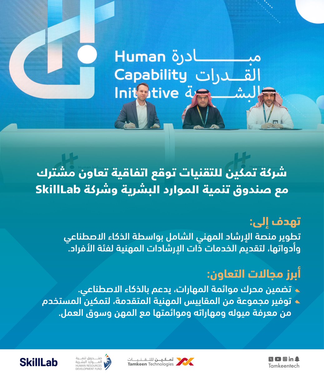 TamkeenTech's tweet photo. وقّعت شركة #تمكين_للتقنيات ممثلةً برئيسها التنفيذي د.محمد الشيبي، مذكرة تعاون ثلاثية مع #صندوق_تنمية_الموارد_البشرية وشركة SkillLab،لتطوير منصة الإرشاد المهني الشامل، وذلك خلال فعاليات مؤتمر مبادرة تنمية القدرات البشرية.
 
#مبادرة_القدرات_البشرية
#الاستعداد_للمستقبل https://t.co/pE4J1q2VEO