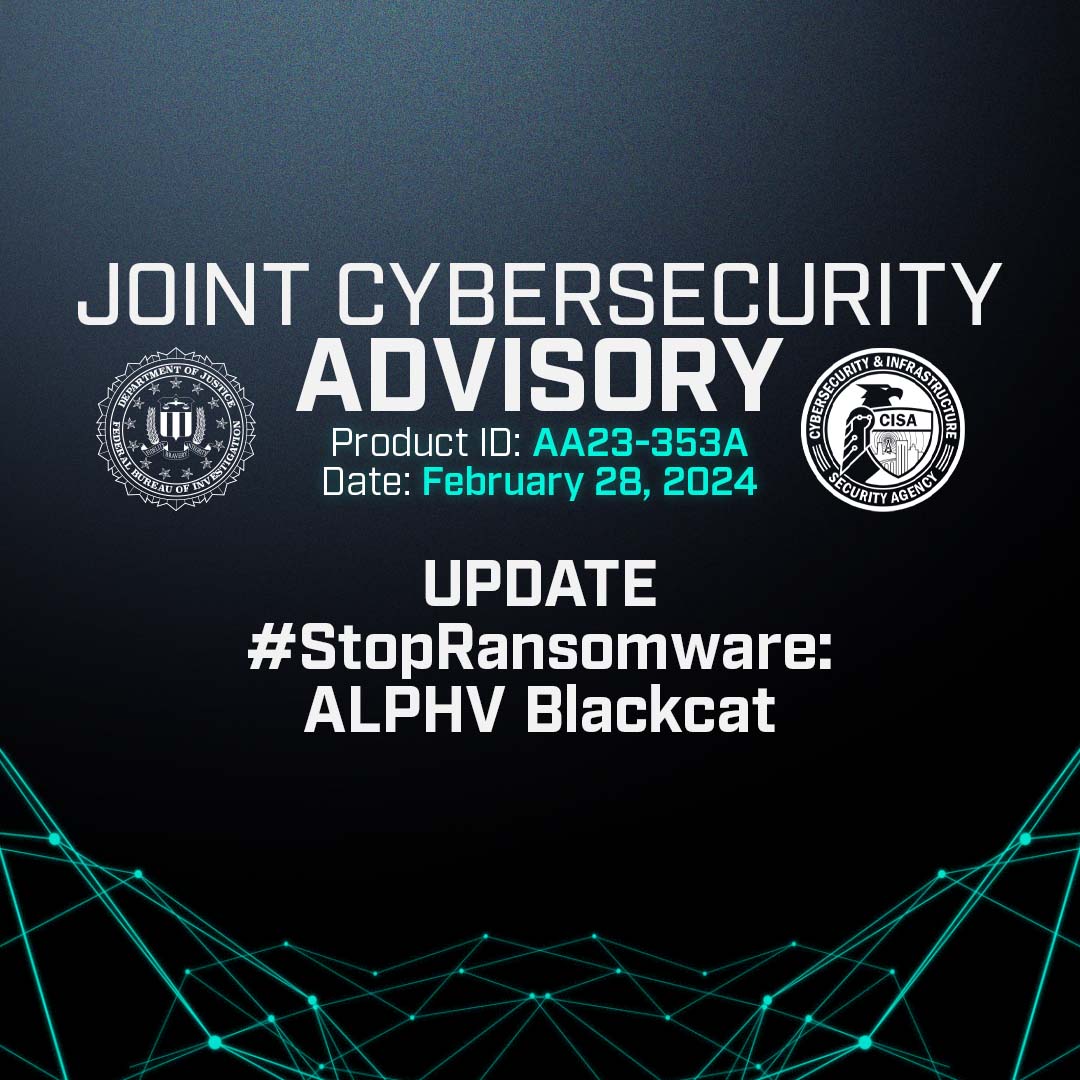 ALPHV Blackcat ransomware affiliates continue to victimize critical infrastructure entities, particularly in the healthcare sector. See new TTPs, IOCs and mitigations in an updated joint #CybersecurityAdvisory from the #FBI, <a href="/CISAgov/">Cybersecurity and Infrastructure Security Agency</a> and @HHSgov: ic3.gov/Media/News/202…