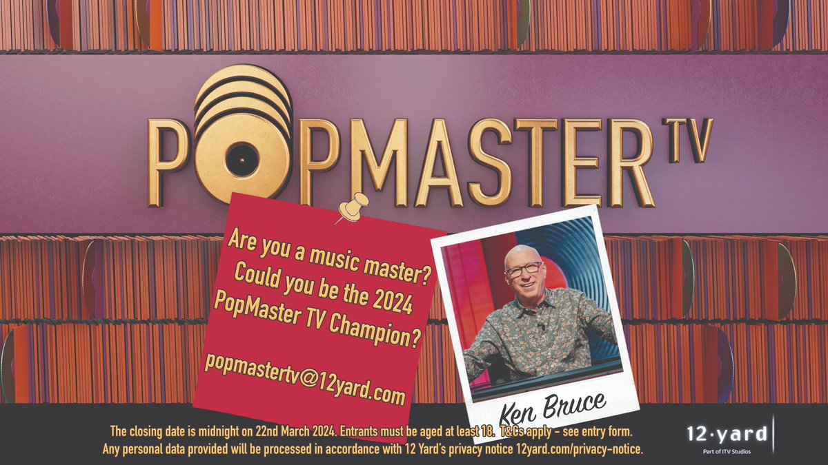 Apply for PopMaster TV and put your music knowledge to the ultimate test with @RealKenBruce at 12yard.com🎼🎬🎧🎹🥁🎷🎸🎤#PopMasterTV #Music #OneYearOut #tvcasting | @PopmasterTM