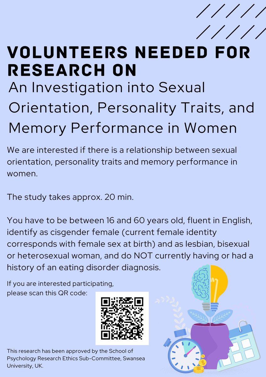 Hi everyone! @j_gatzemeier and I are recruiting for a study on sexual orientation, personality traits and memory performance in women. Please share far and wide, that would be really helpful. Thanks! Please see the poster for the full info: swanseachhs.eu.qualtrics.com/jfe/form/SV_9H…