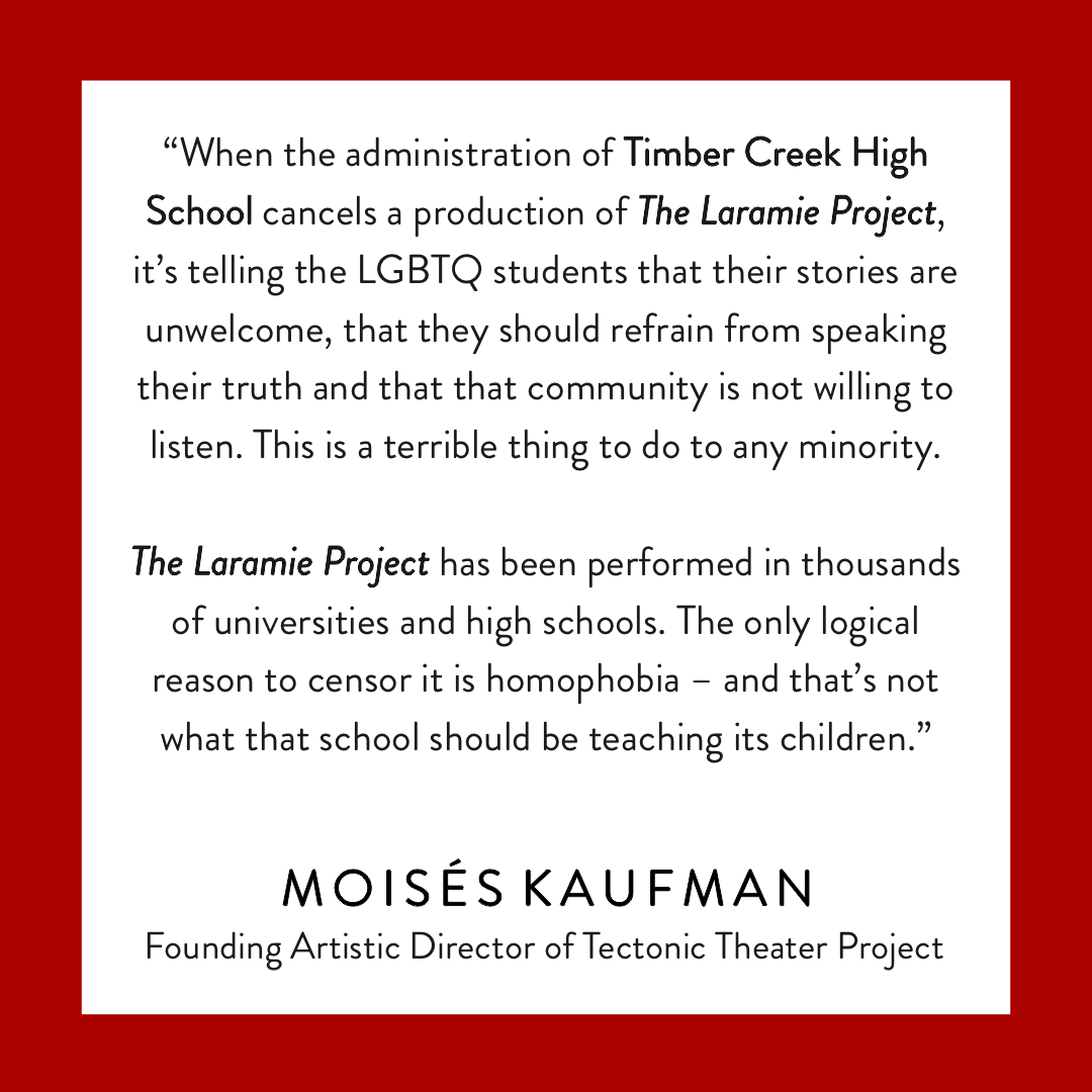 TectonicTheater's tweet image. This statement from @moises_kaufman is in response to the latest ban of “The Laramie Project" at Timber Creek High School. The community has expressed outrage at the decision, viewing it as an act of censorship that stifles important conversations about tolerance & acceptance.