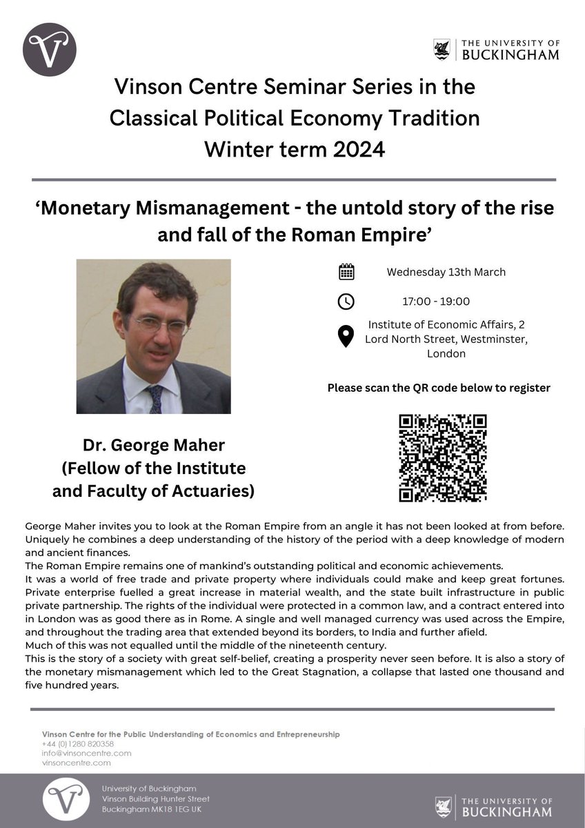 Our next seminar will be held on the 13th March @iealondon. Dr George Maher will be speaking on 'Monetary Mismanagement - the untold story of the rise and fall of the Roman Empire'. Click below to register: buff.ly/3SUX5sQ