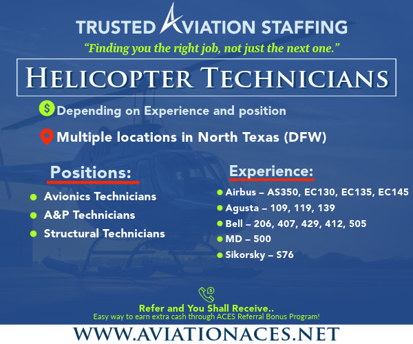 Several helicopter positions are currently open in North Texas. If you have experience with Airbus, Agusta, Bell, MD, or Sikorsky helicopters, contact us today! CONTACT US 👇 aviationaces.net/job-openings #aviationjobs #staffingagency #staffing #recruiting #NowHiring