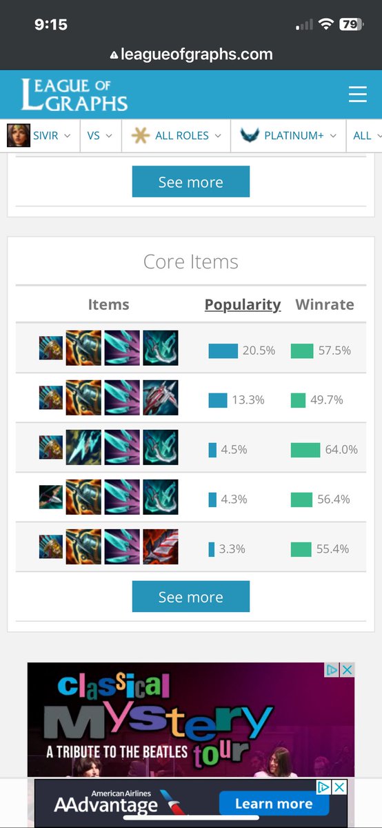 JackkoMTG's tweet photo. @Jared_Dunn_MA @agoxol0 @Bl_ankSpace @doaenel @RiotPhroxzon Hey look it’s Sivir, one of the worst ADCs in the game who is getting a massive buff this patch! 64% wr with some builds!!

It turns out that finishing 3 items is highly correlated with winning games 🤣🤣🤣

Please take this opportunity to learn and grow as a person. https://t.co/NsCR5NHXxN