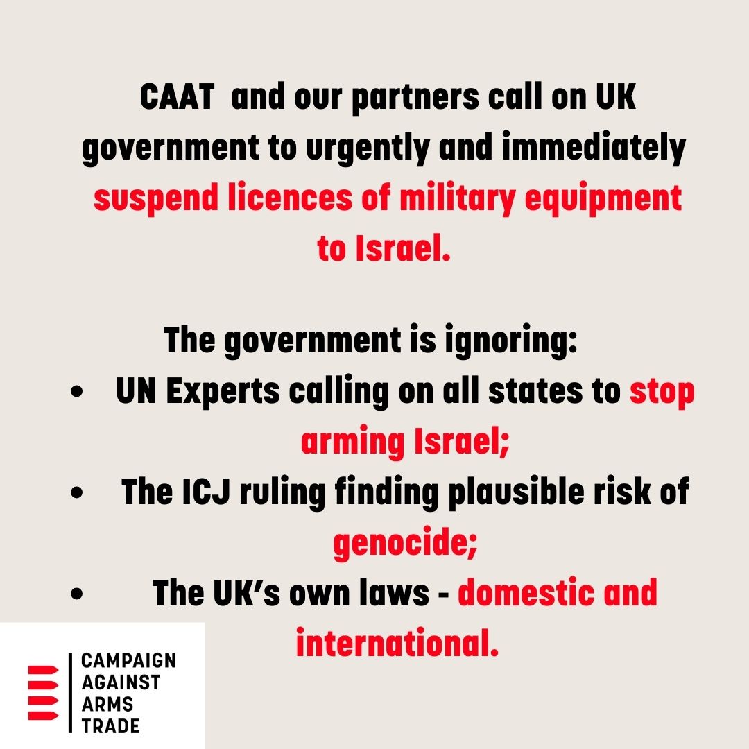 CAAT and our partners wrote to the UK government in December urging them to stop arming Israel. They have ignored our calls, evaded questions from MPs, and in that time at at least 12,000 more people have died in Gaza. Read our joint statement here: caat.org.uk/news/joint-sta…