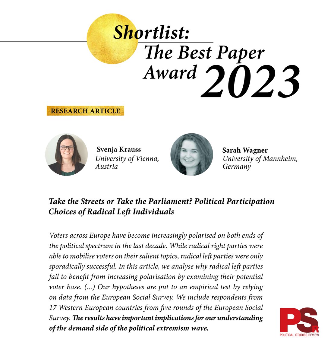 🔻A shortlist: PSR Best Paper Award 2023🔻 @Svenja_Krauss and @SarahWagnerPhD analyse why radical #left parties fail to benefit from increasing polarisation by examining their potential voter base. 👉More: tiny.cc/3f84xz @PolStudiesAssoc