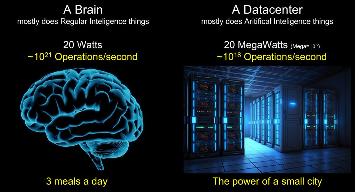 Compare a typical brain with a typical modern day datacenter

The datacenter mostly runs Artificial Intelligence applications, the brain mostly runs regular intelligence applications

The datacenter consumes the power of a small town, the brain consumes the occasional banana