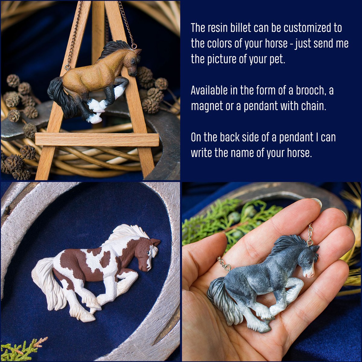 Moreover, these pendants with horses can serve as a memorial for a four-legged friend who has crossed the rainbow bridge. I can paint a billet in the color of your #horse - just show me a photo. 
It can be made as a pendant on a chain, a brooch, or a fridge magnet.