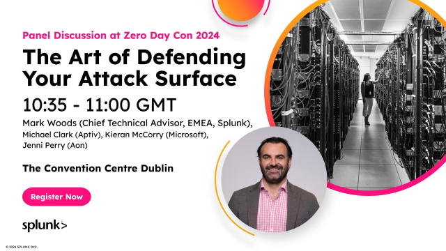 cdumasMA's tweet photo. We are excited to have our very own Splunker Mark Woods join the panel discussion at Zero Day Con 2024 on 6th March in Dublin on "The Art of Defending Your Attack Surface". #ZDC24 #EVOLVE https://t.co/qF4jXusKo5 https://t.co/tcBBkIgQIP