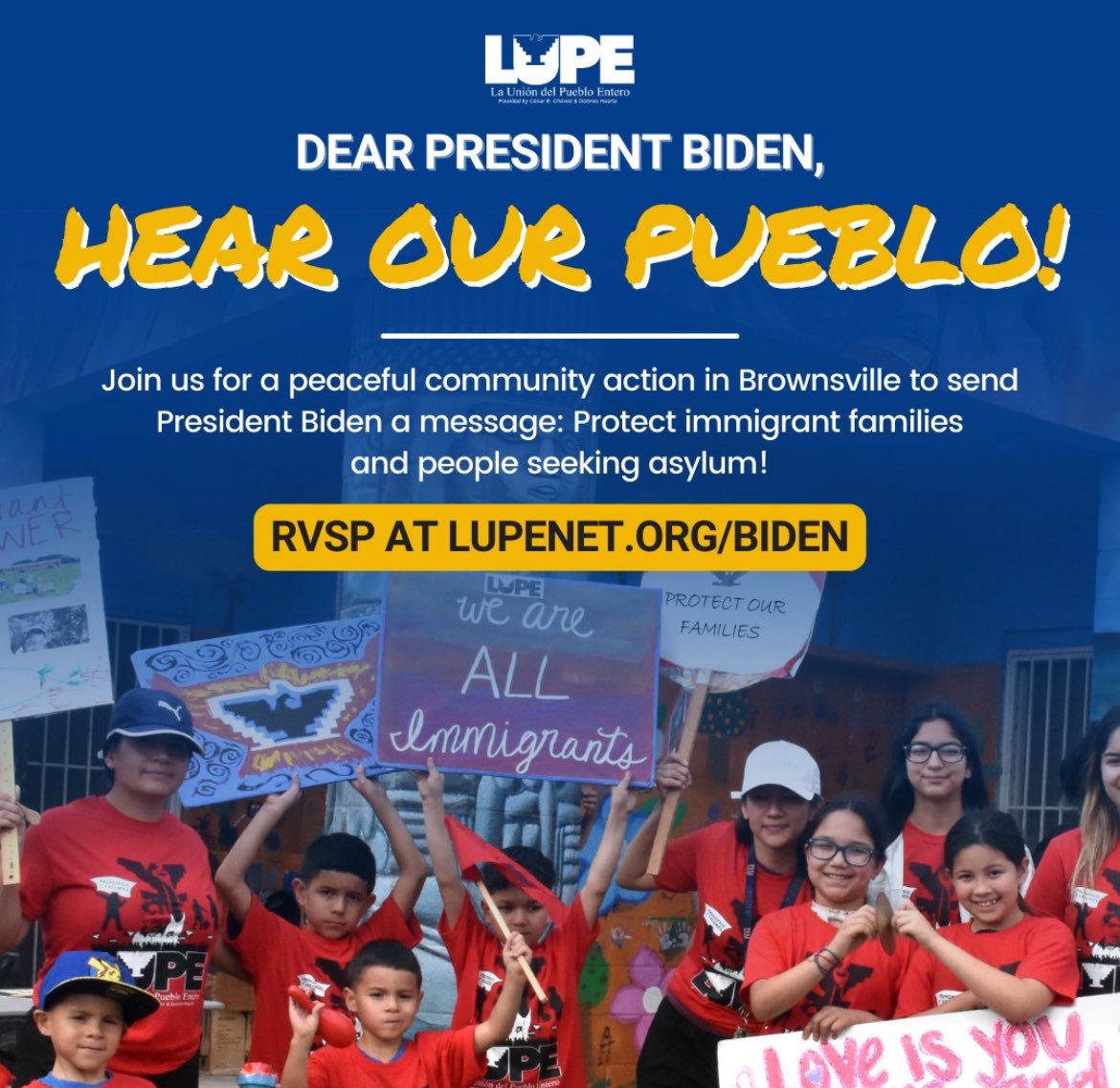 President Biden is coming! Will you raise your voice with us? Join @LUPE_rgv , @TXCivilRights , ARISE, Los Poderosas, Angry Tias and Abuelas of the RGV, @SidewalkSchool , @FronteraFundRGV , and Voces Unidas RGV, along w/others, for this rapid response!

👉🏾lupenet.org/biden