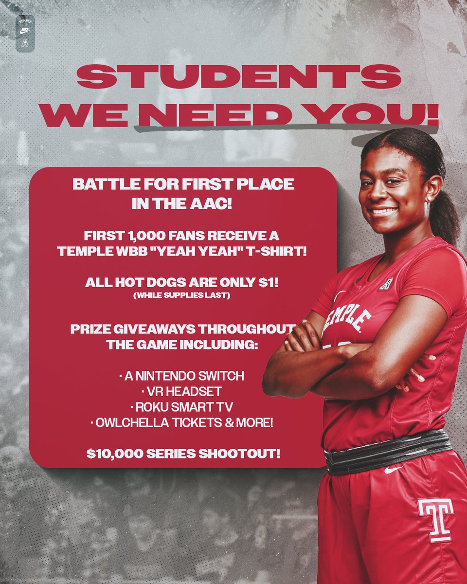 Temple Women's Basketball competes for first place in the American Athletic Conference TONIGHT! Catch this can't-miss game along with T-shirt giveaways, Dollar Dog Night, and more 🏀 🎟️ bit.ly/TUWBB228 @templewbb