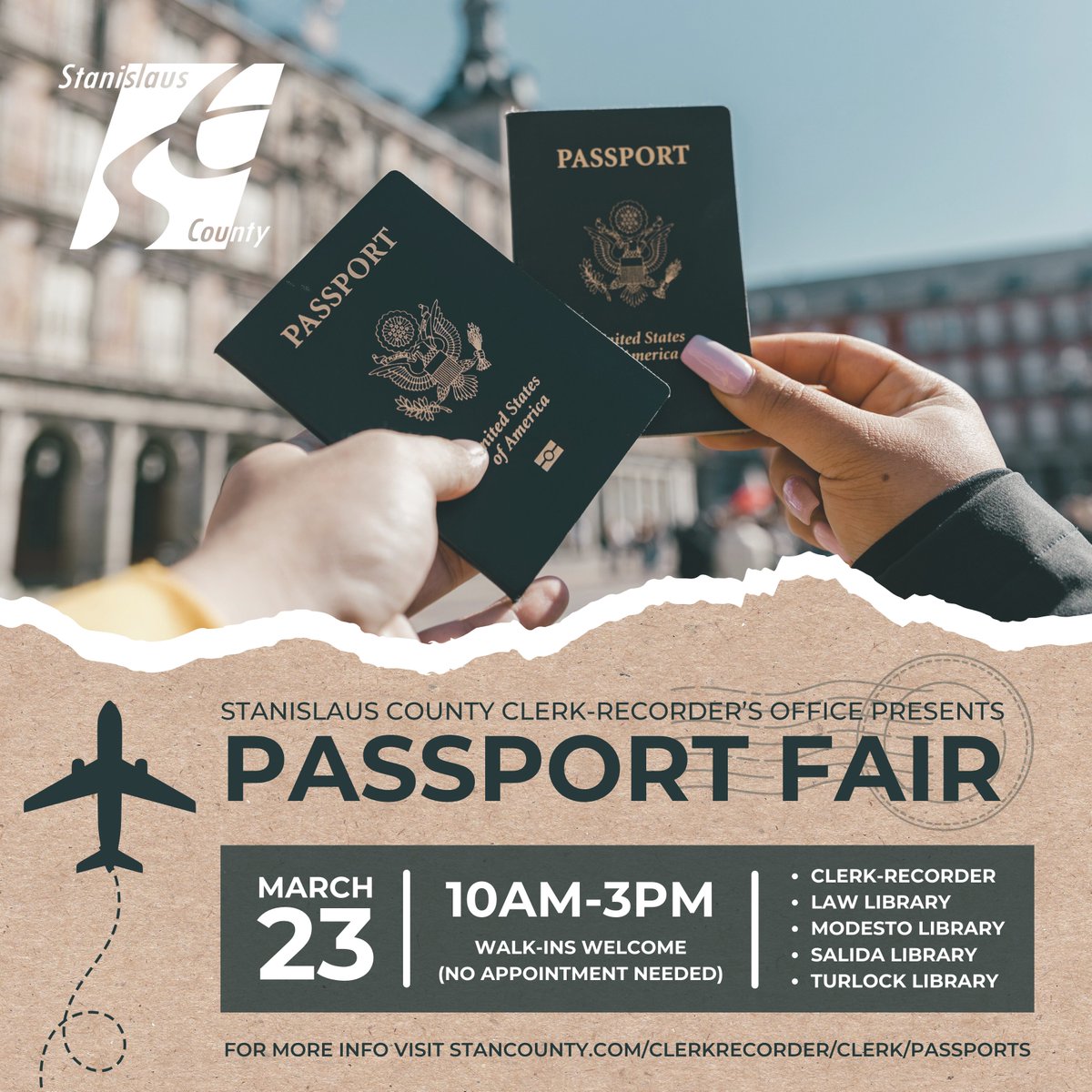 Join us for a Passport Fair, where we'll help you navigate the world of international travel and prepare you for your next global adventure. Birth Certificates and Passport Photos are not available. 

stancounty.com/clerkrecorder/…
