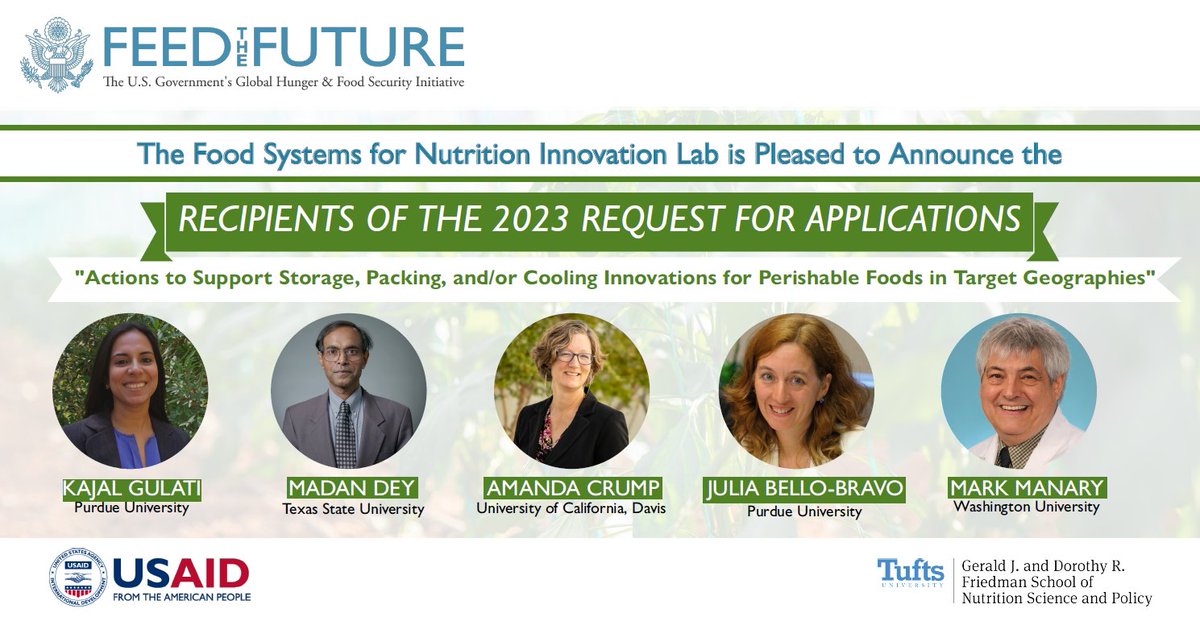🎉FSN-IL is thrilled to announce the recipients of the 2023 Request for Applications
  
🔹Kajal Gulati, Purdue Univ. 
🔹Madan Dey, Texas State Univ.
🔹Amanda Crump, UC Davis 
🔹Julia Bello-Bravo, Purdue Univ.
🔹Mark Manary, Washington Univ. in St. Louis

🔗foodsystemsnutrition.org/article/fsn-il…