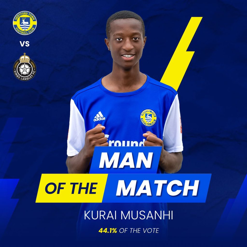 Hertford Town FC (@hertfordtownfc) on Twitter photo Man Of The Match for yesterdays game 🆚 <a href="/KLFCofficial/">Kings Langley FC</a> , as voted by you 🫵
With 44.1% of the vote is… 🥁
Kurai Musanhi 🍾
Ground Skips | <a href="/smile_it_uk/">Smile IT Solutions</a>
#HTFC #Blues #HertfordTownFC Man Of The Match for yesterdays game 🆚 <a href="/KLFCofficial/">Kings Langley FC</a> , as voted by you 🫵
With 44.1% of the vote is… 🥁
Kurai Musanhi 🍾
Ground Skips | <a href="/smile_it_uk/">Smile IT Solutions</a>
#HTFC #Blues #HertfordTownFC