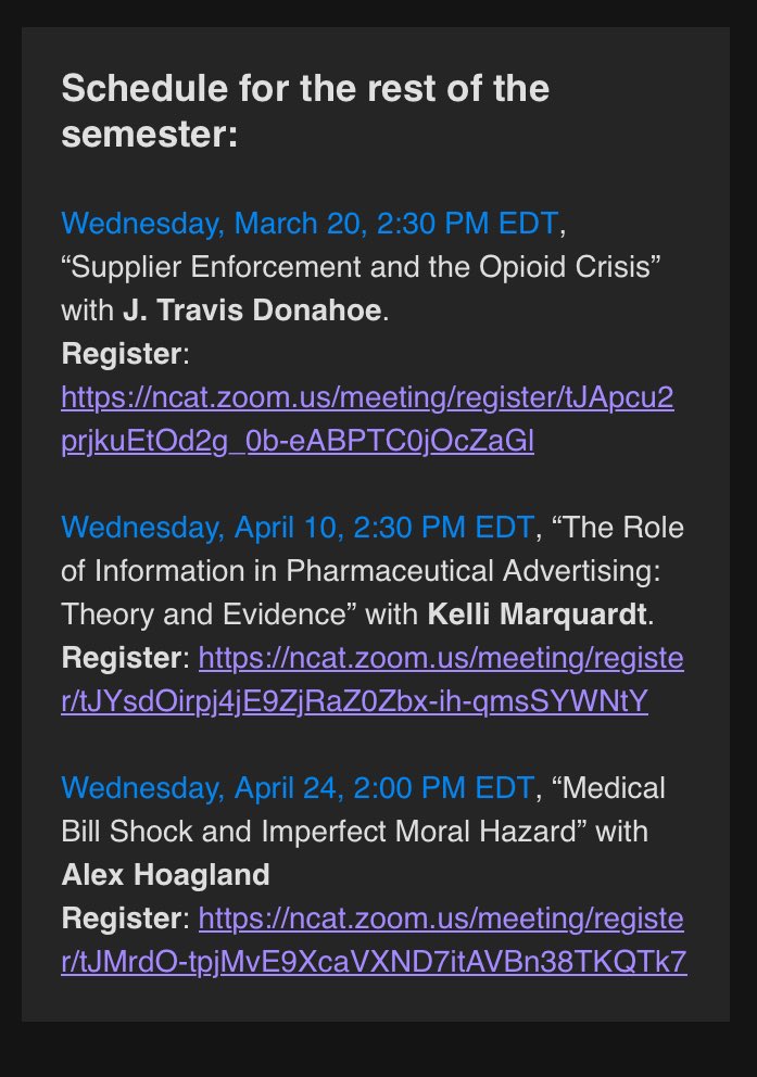 I’m stoked to present in the EHEC @HlthEconSeminar series this spring — look at this fantastic lineup! Come see Katharine Harris-Lagoudakis talk about sodas/SNAP this afternoon, & come back to chat about medical bill shock in April! @travis_donahoe @KelliMarquardt @bjdickmayhew