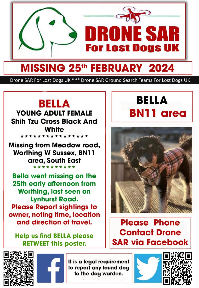 #LostDog #Alert BELLA Female Shih Tzu Cross Black And White (Age: Young Adult) Missing from Meadow road, Worthing W Sussex, BN11 area, South East on Sunday, 25th February 2024 #DroneSAR #MissingDog