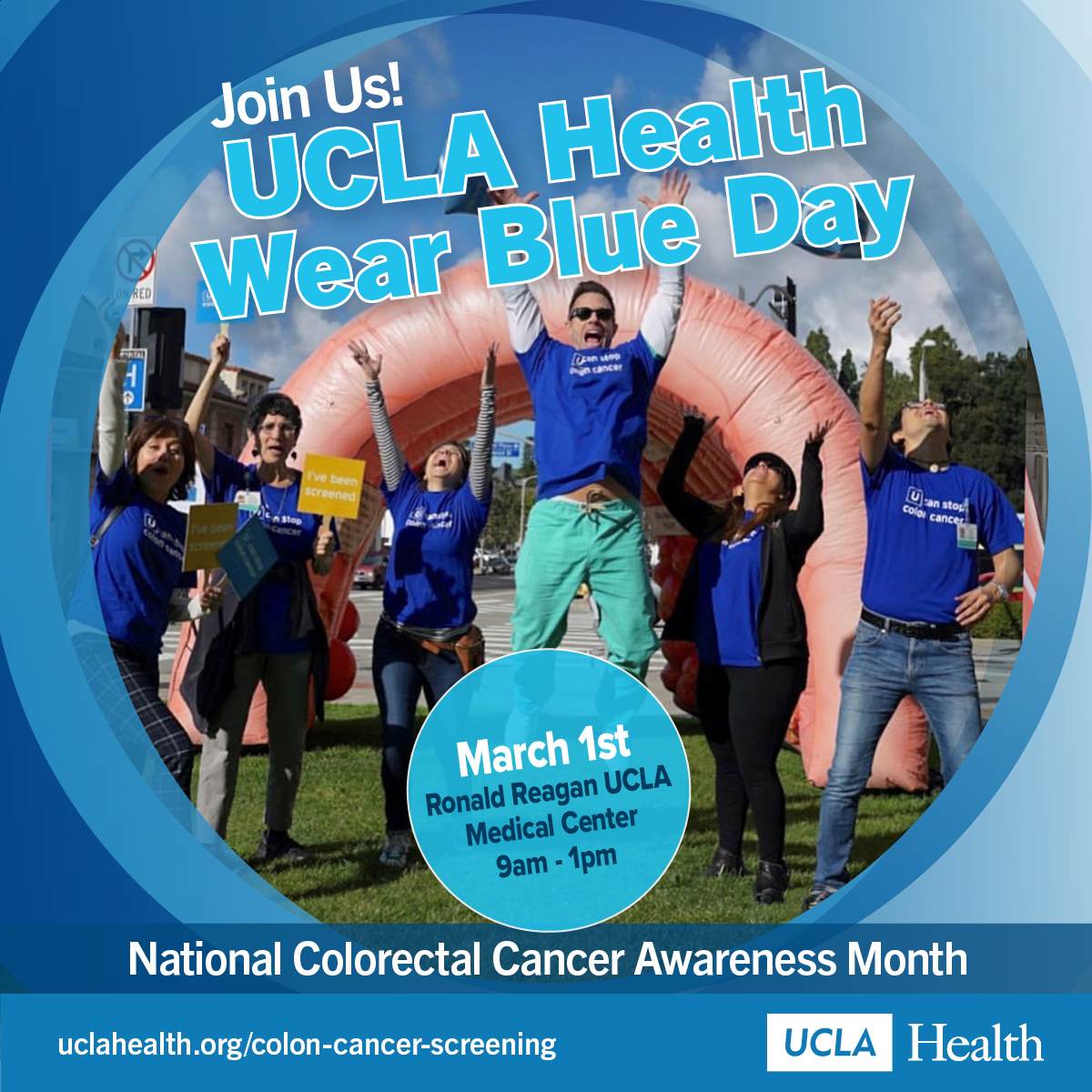 We 💙 #ColorectalCancerAwarenessMonth! Join @UCLAHealth March 1 for education, awareness & FUN! 🔹Inflatable colon 🔹 View cells🔬 @UCLA_Pathology 🔹Genetic counselors discuss hereditary #CRC 🔹Giveaways 👉 U can make a difference! #DressinBlue #GetScreened 4 #ColorectalCancer