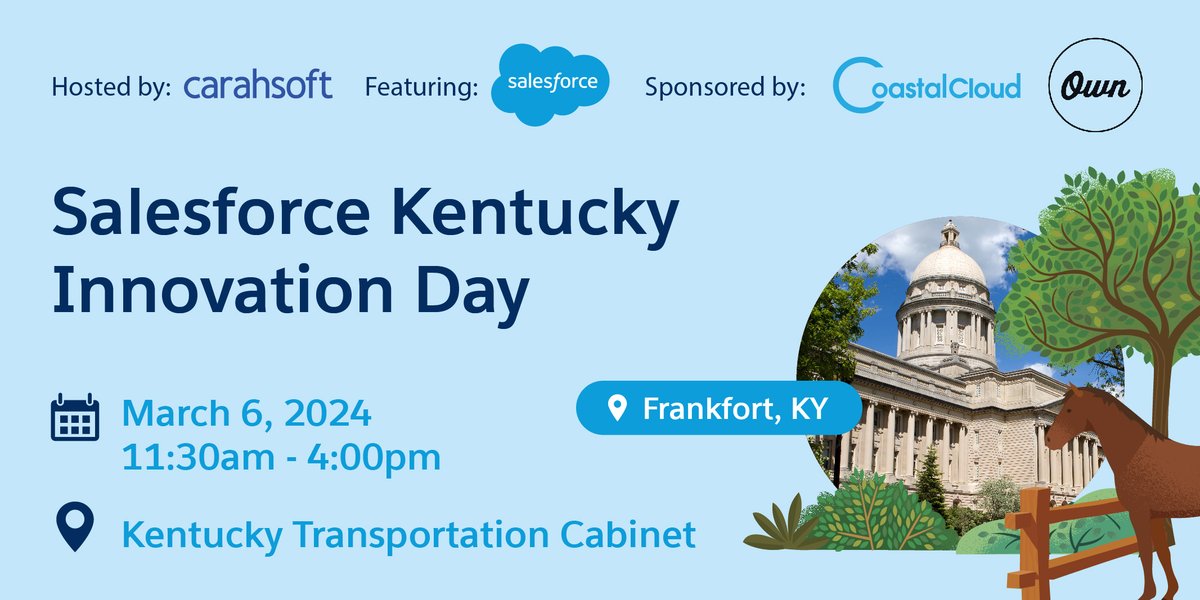 Carahsoft's tweet image. #Kentucky, @salesforce is headed your way on 3/6! Don’t miss this exciting #SalesforceInnovationDay packed with customer stories, industry panels and live demos. Register here: carah.io/8f6f2c
