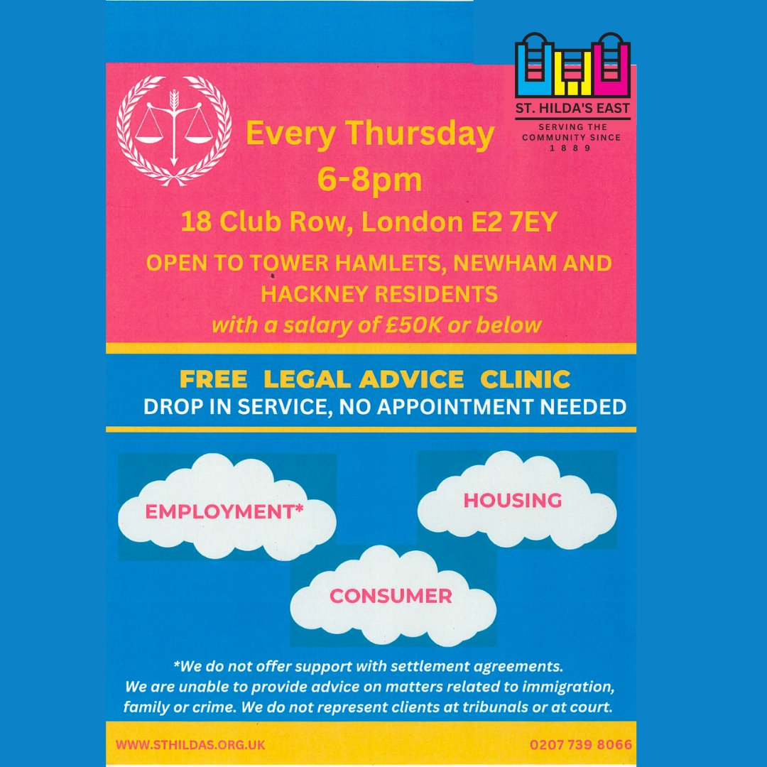 If you, or anyone you know, would like free legal advice from an expert in law then do come along to the Thursday evening drop in sessions we offer at St. Hilda's East. Our evening sessions are a little quieter so you are guaranteed to see someone.