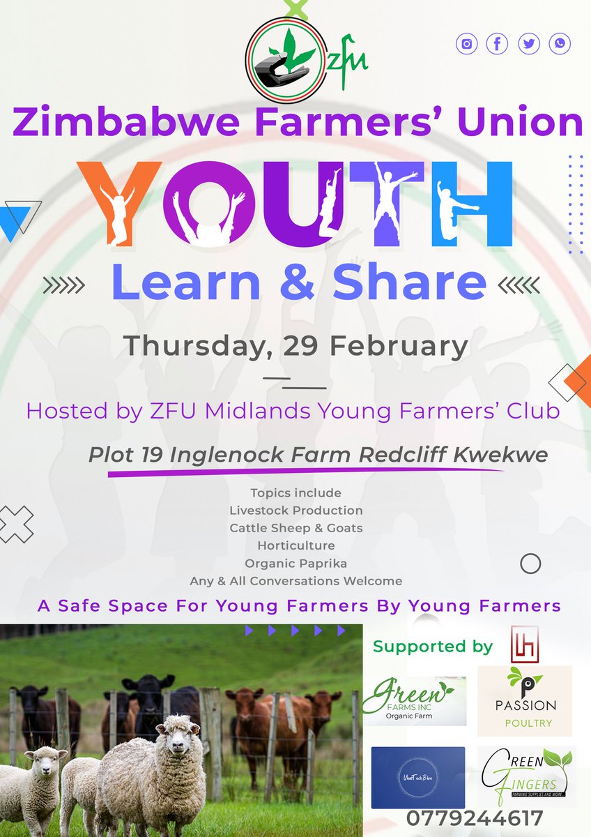 Heading to the Learn & Share event at Inglenock Plot tomorrow? Don't worry about transport from Gweru, call/SMS 0779244617 for assistance. Starting time is 9:30am. Get ready to learn, share & connect! #YouthCreativeHub #GrowTogether #Learn_and_Share