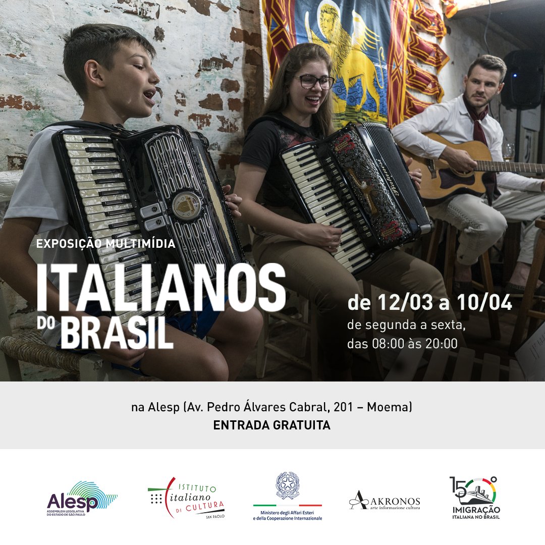 Para celebrar os 150 anos da imigração italiana no Brasil, o #iicsp e <a href="/ItalyinSaoPaulo/">Italy in Sao Paulo</a> convidam para a exposição ITALIANOS DO BRASIL, em exibição a partir de 12/3 na Alesp.

ℹ️Saiba mais: iicsanpaolo.esteri.it/pt/

#150daimigracaoitaliana