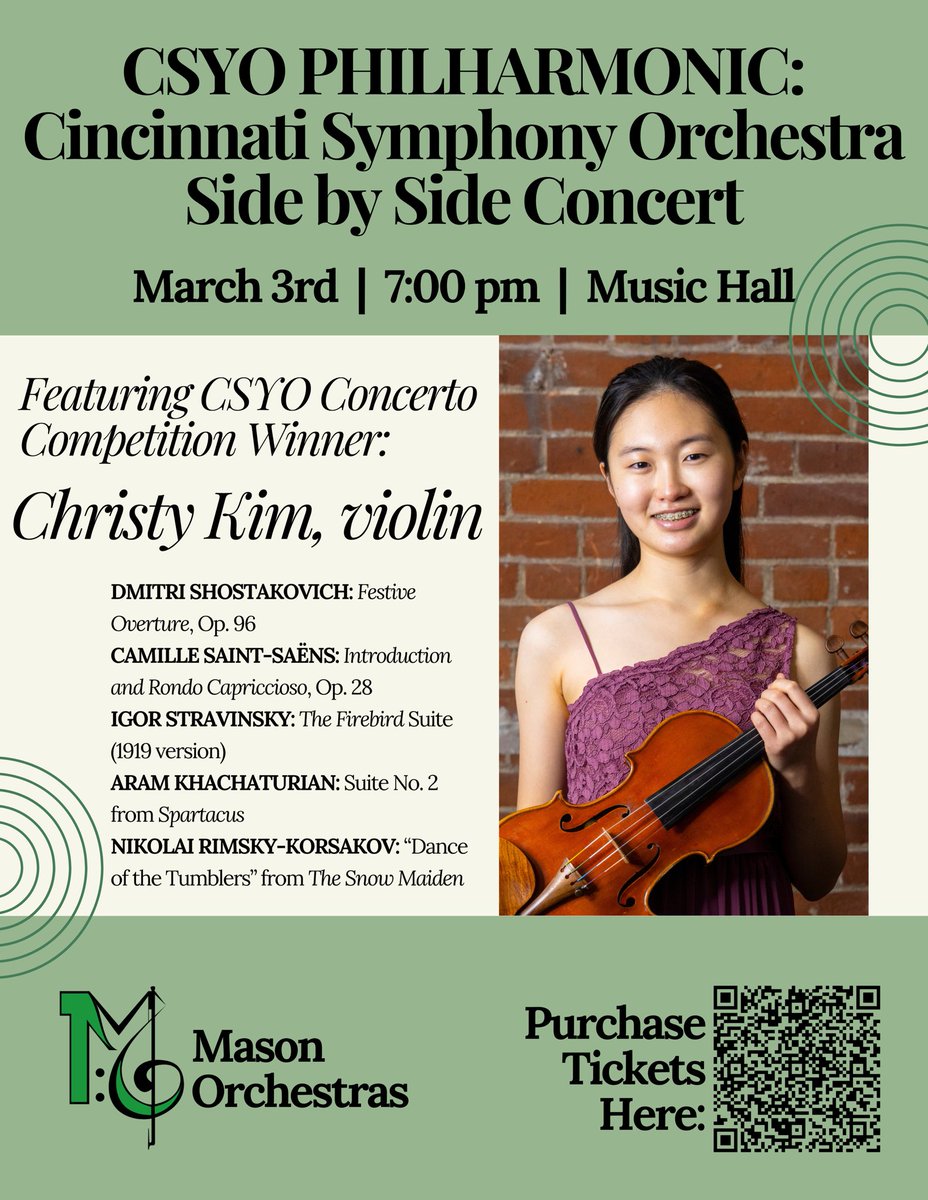 We are proud to share that Mason Orchestra member, Christy Kim (violin), won first place in the Cincinnati Symphony Youth Orchestra Concerto Competition! Purchase tickets to the concert by using the QR code or visit: tinyurl.com/ChristyKim
<a href="/MasonSchools/">Mason City Schools</a>