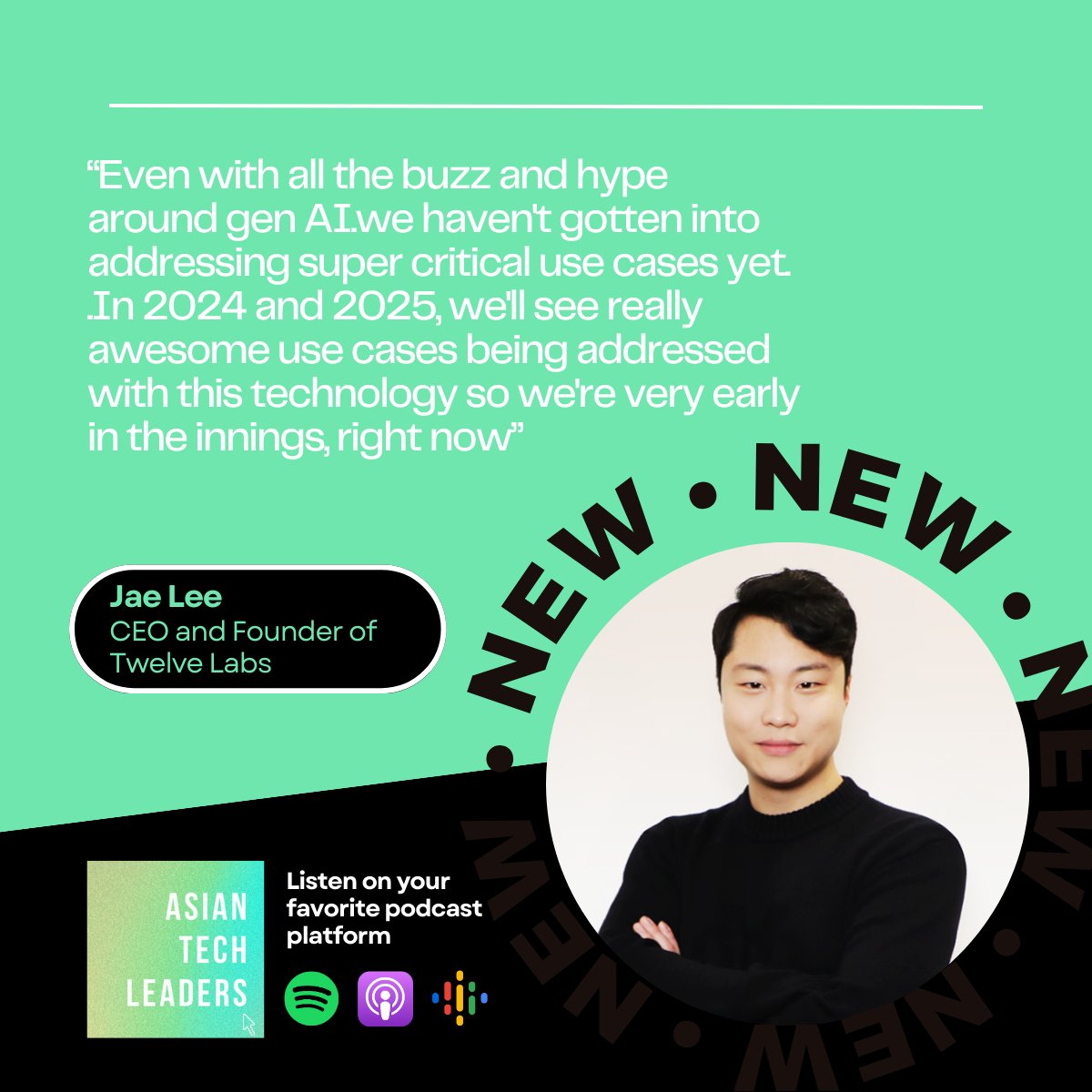 🎧Excited to drop the latest podcast with <a href="/_jae_lee/">Jae Lee</a> CEO and Founder of <a href="/twelve_labs/">TwelveLabs (twelvelabs.io)</a>. 

We covered topics including: 
🧠Where Jae is seeing the highest value use-cases for multimodal AI
❤️What led Jae to start Twelve Labs 3 years ago with his four friends
🌏Why having many of his