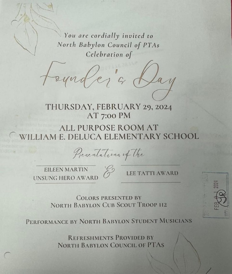 vedder_g's tweet photo. The North Babylon PTA Founders Day celebration is this Thursday evening Feb. 29, 2024 at William E. Deluca Elementary School at 7pm. The Eileen Martin Unsung Hero Awards will be presented. Everyone is welcome. https://t.co/KNw7ORzuyh