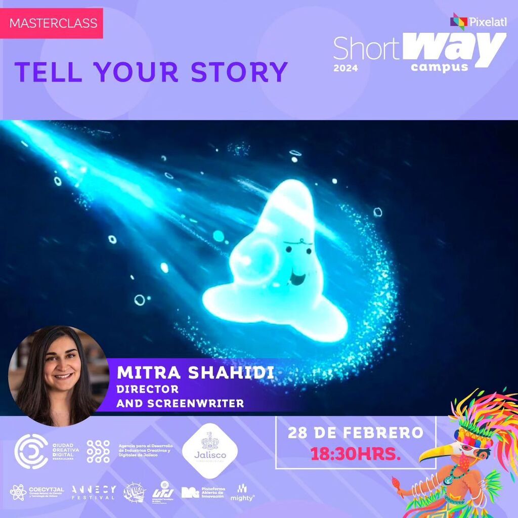 Dessignare's tweet photo. Hoy CLASE MAESTRA GRATUITA en el Shortway Campus de @pixelatl 

Nos vemos en @ccdjalisco para aprender más sobre producción de animación.

¡Mitra Shahidi comparte su experiencia y mejores tips para contar tu historia!

#shortway #pixelatl https://t.co/vsZxYbtO4K