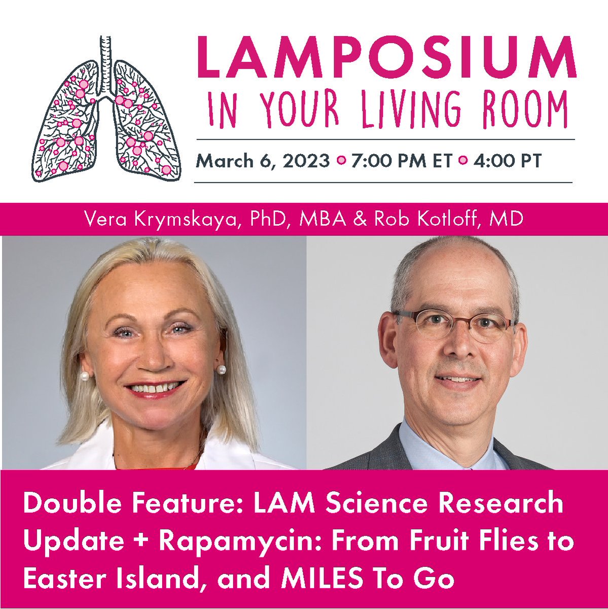 Join us on 3/6 for an engaging LAMposium in your Living Room featuring our Scientific Director Dr. Vera Krymskaya, and LAM Clinic Director Dr. Rob Kotloff. Click the link below to learn details about the presentation and register.

bit.ly/3T2jWnD

Sponsored by NDRI