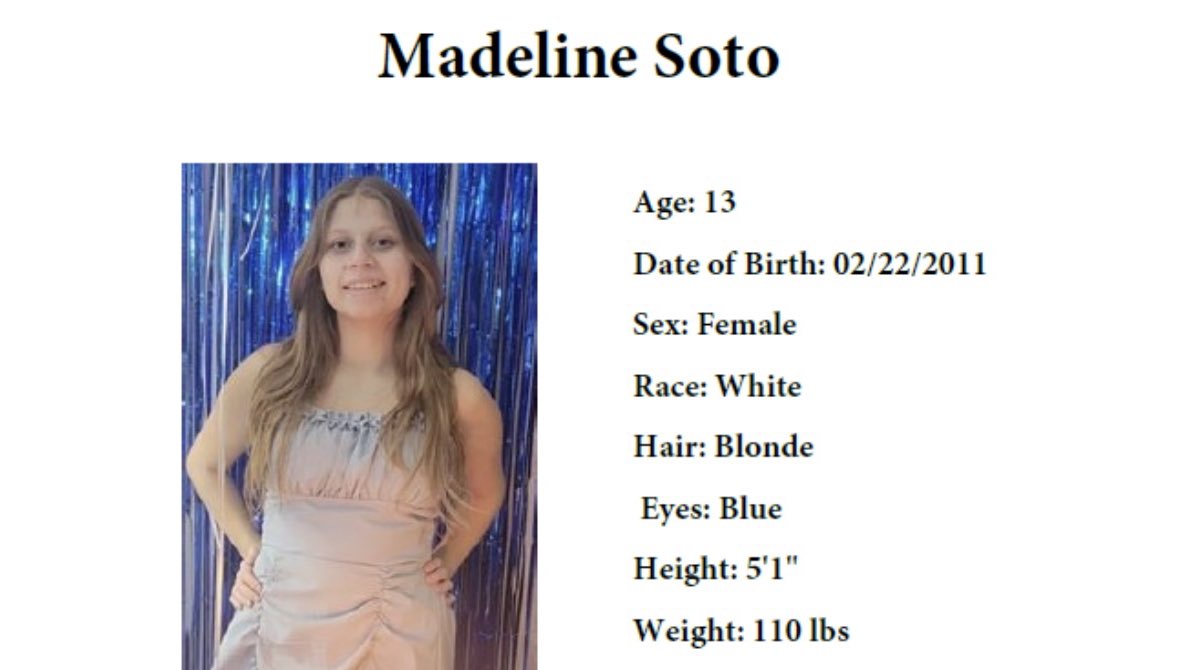 OrangeCoSheriff's tweet photo. We are continuing our search for missing 13-year-old Madeline Soto.

More than 50 members of our Emergency Response Team are out looking for her in various areas, as our detectives continue their investigation.

There is concern for Madeline’s safety, so we are urging anyone with information on where she might be to call 911.

Madeline was last seen around 8:30 a.m. Monday, February 26, off of Village Park Drive in the Hunter’s Creek area, near South John Young Parkway and Town Center Boulevard.

She was wearing a green sweatshirt, black shorts and white Crocs.

#PleaseShare this post, and help us get the word out.