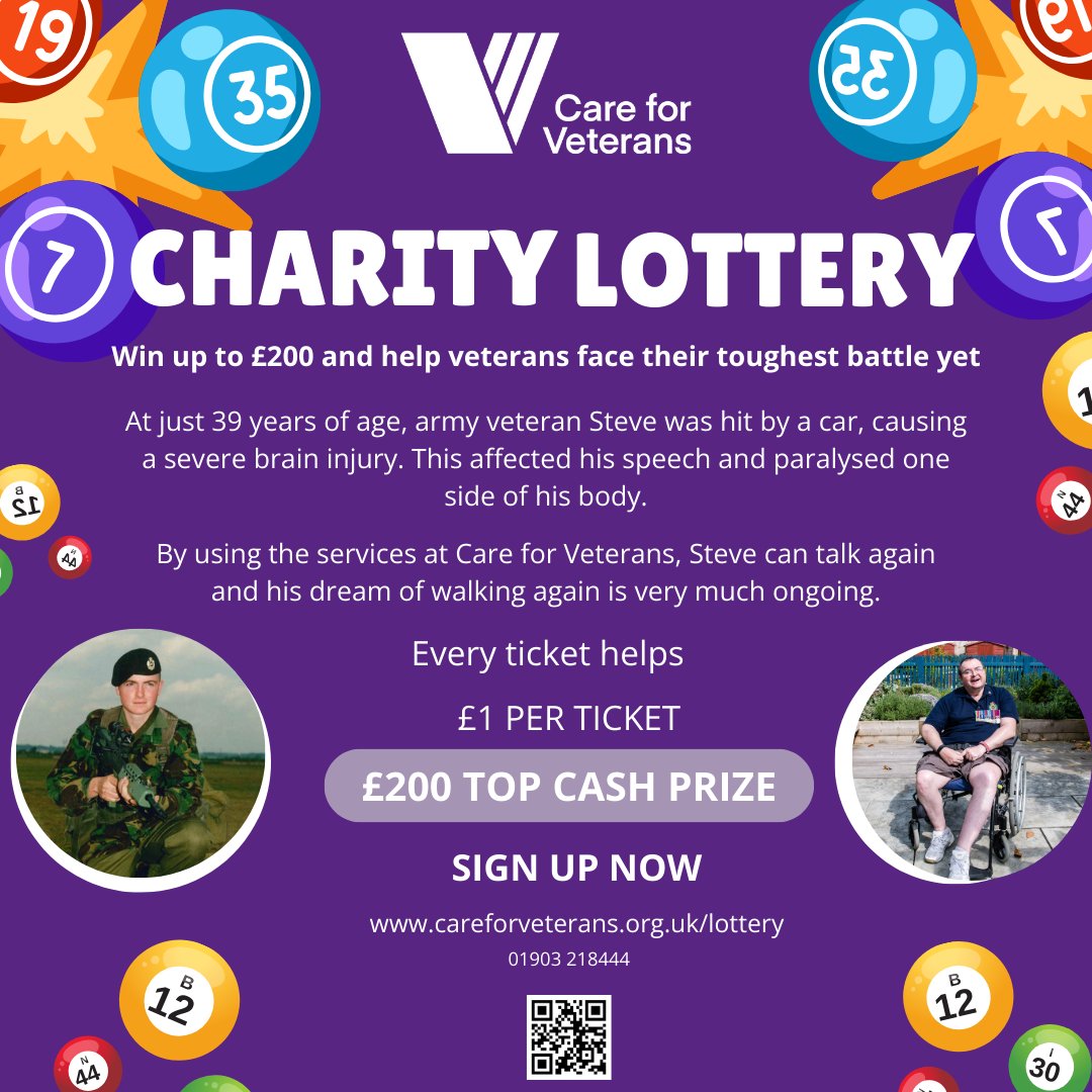 Win big and support a great cause with the Care for Veterans Lottery! £4 a month, you gets you 4 entries into our monthly draw, with 3 winners a month and prizes up to £200. Every pound played goes directly to funding vital care and rehabilitation: careforveterans.org.uk