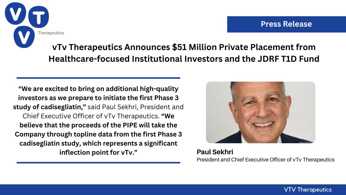 vTv announces a $51 Million Private Placement with leading, healthcare-focused institutional investors and the JDRF T1D Fund, which will fund the first p3 study of cadisegliatin as an adjunctive therapy to insulin. Full release here: tinyurl.com/2pa7cxx4