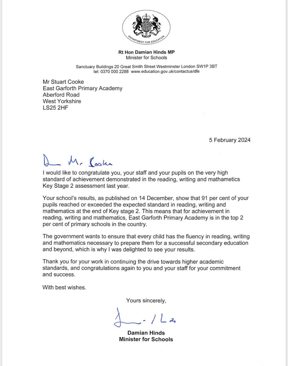 DeltaEGarforth's tweet photo. Amazing to receive recognition from @DamianHinds for the hard work and determination from our children and staff! Top 2% end of Key Stage 2 results in the country! 🎉🥳 @DeltaTrust_Org https://t.co/MY0Sp8I6PU